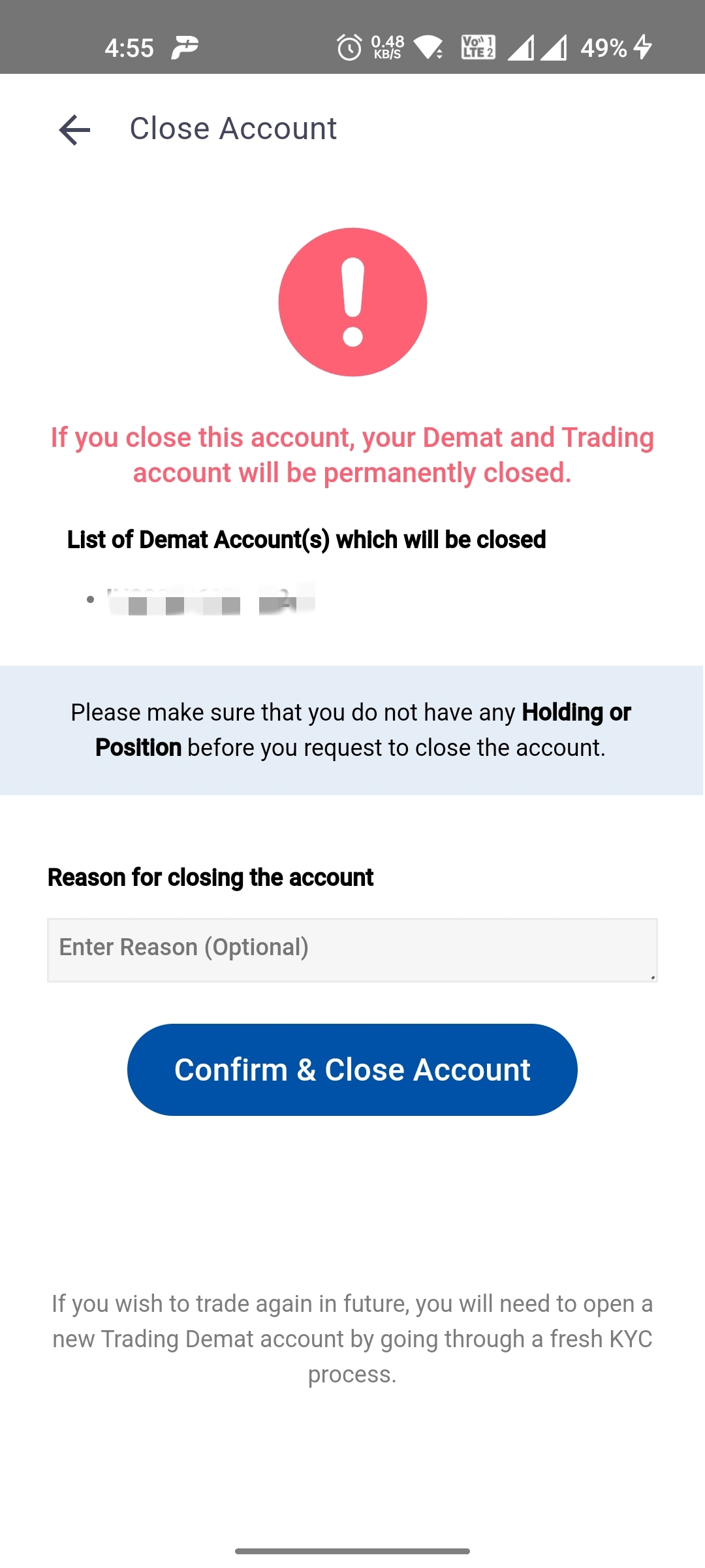 Account closure screenshot