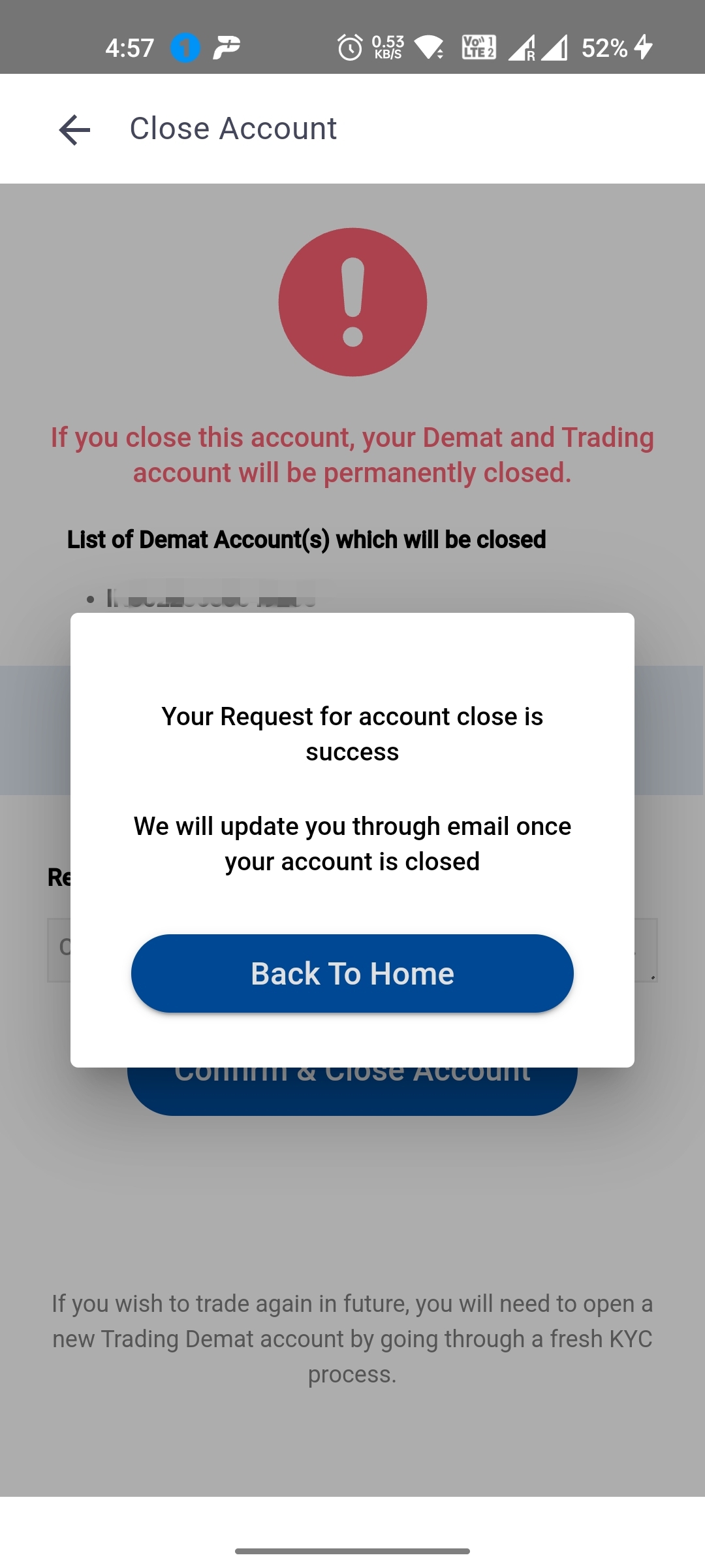 Account closure screenshot