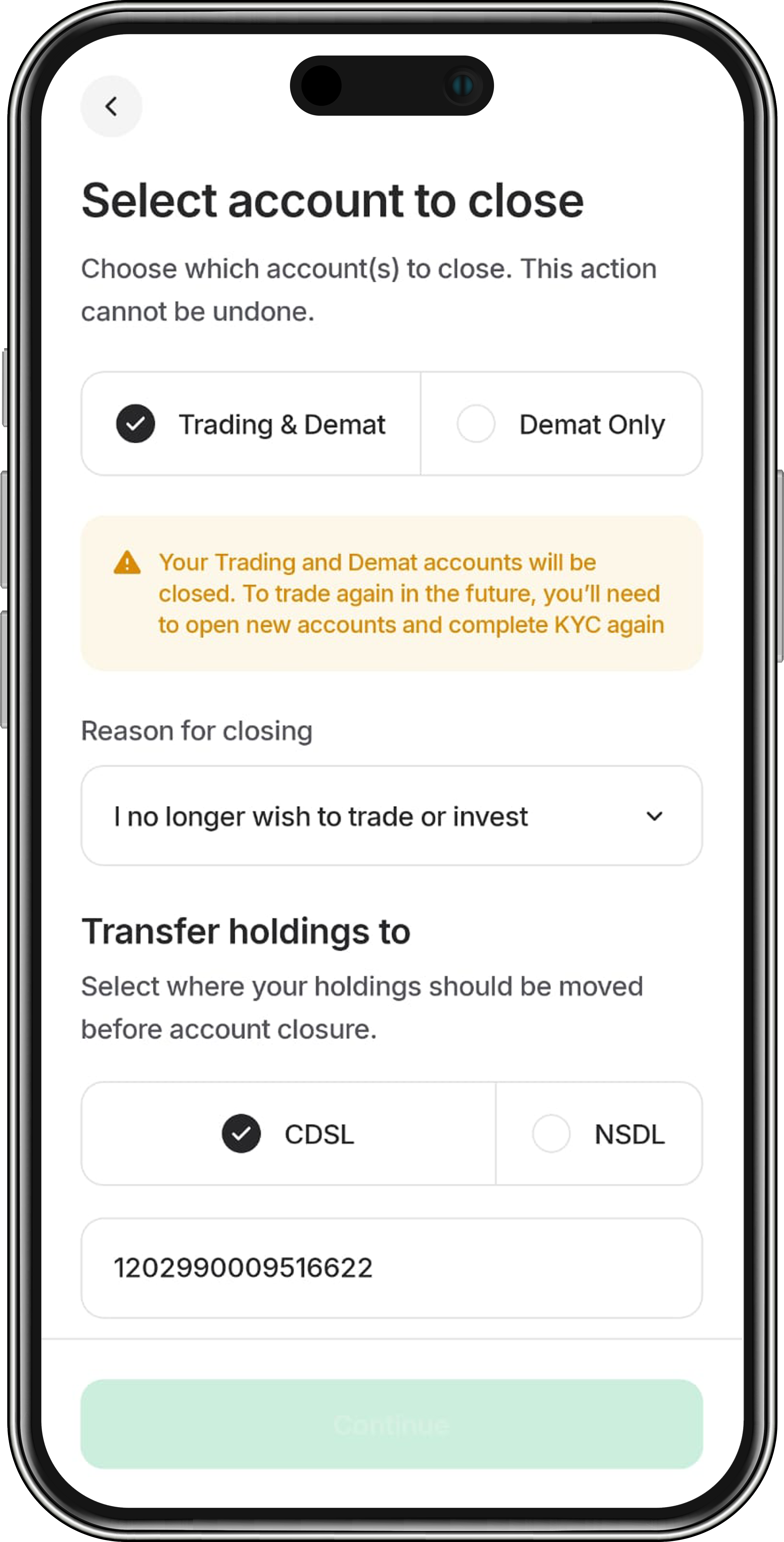 Account closure screenshot